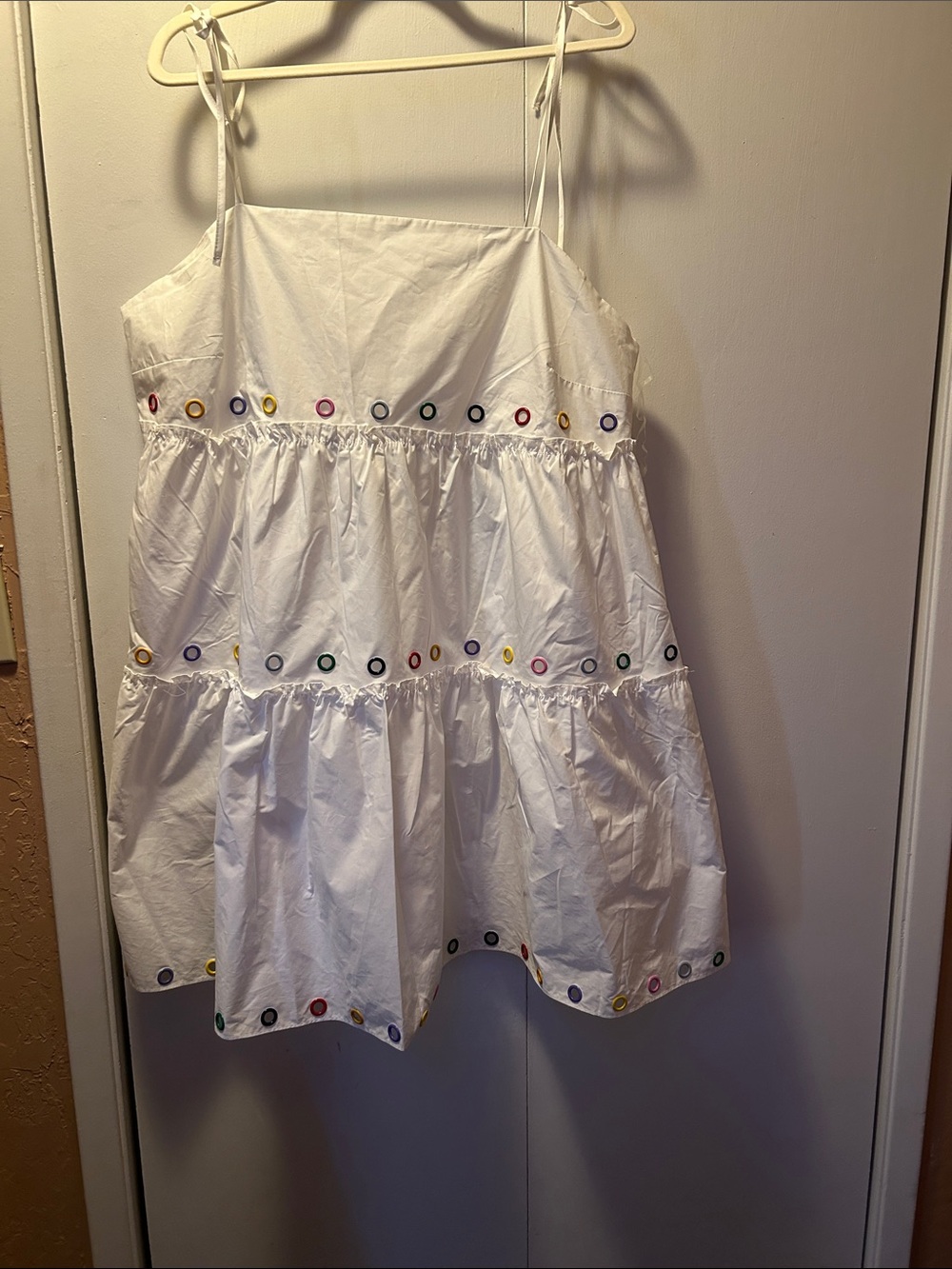 White Tiered Midi Dress with Multicolor Eyelet Trim